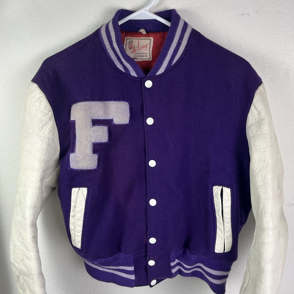 Vintage‎ High School Varsity Jacket Purple "F" Coat Button Up De Long Sportswear
